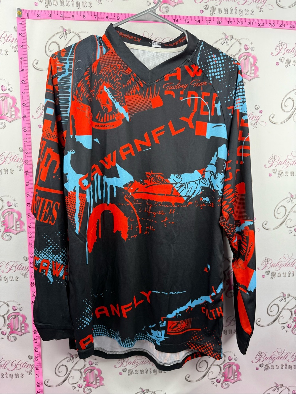 CAWANFLY jersey motocross -Sleeve Graphic Jersey - Black with Red & Light Blue